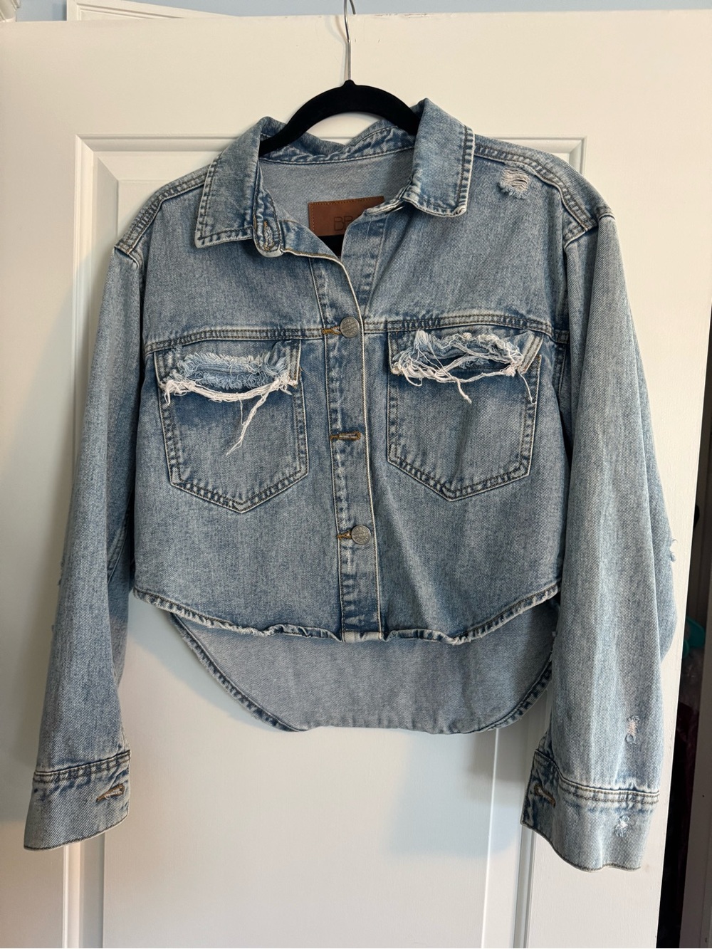 Distressed Light Blue Denim Jacket - Women's Cropped Jean Coat